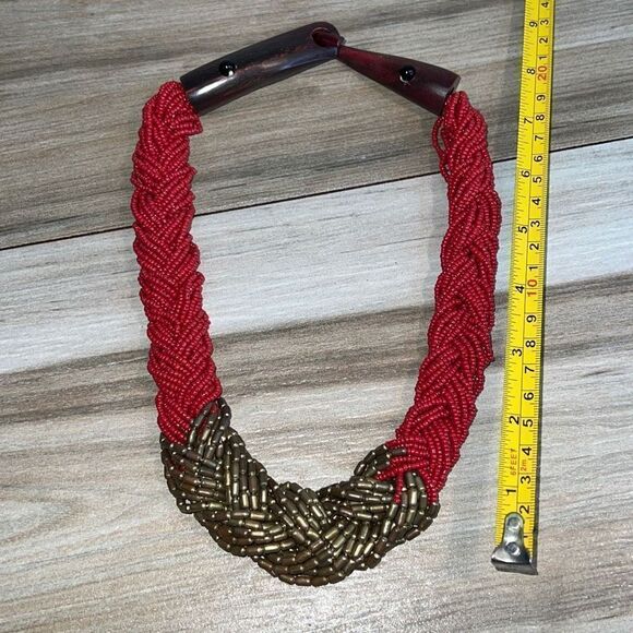 Ethnic Multistrand Red Bead Necklace With Wood Hook Closure - Picture 7 of 8